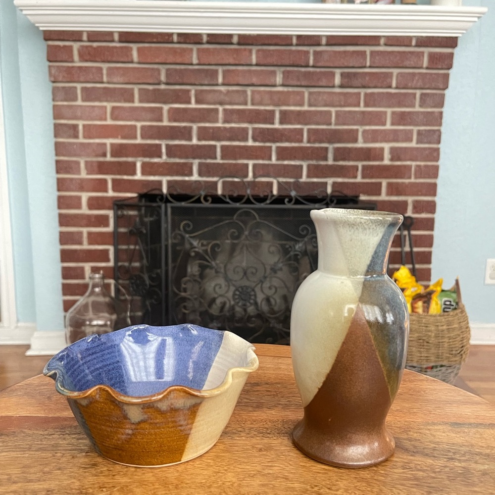 Vintage handmade curated tri-color pottery set